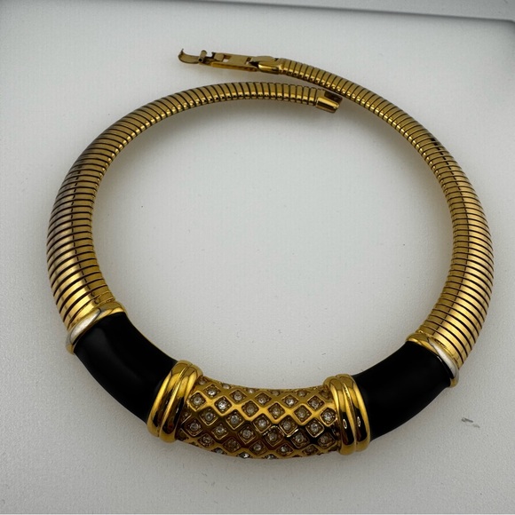 Vintage 1980 Monet Gold and Black Enamel Statement Necklace with Rhinestone - Picture 9 of 11